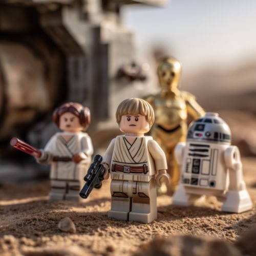 Filmszene mit 4 LEGO Star Wars Minifiguren - Luke Skywalker, Lea, R2D2 und 3CPO