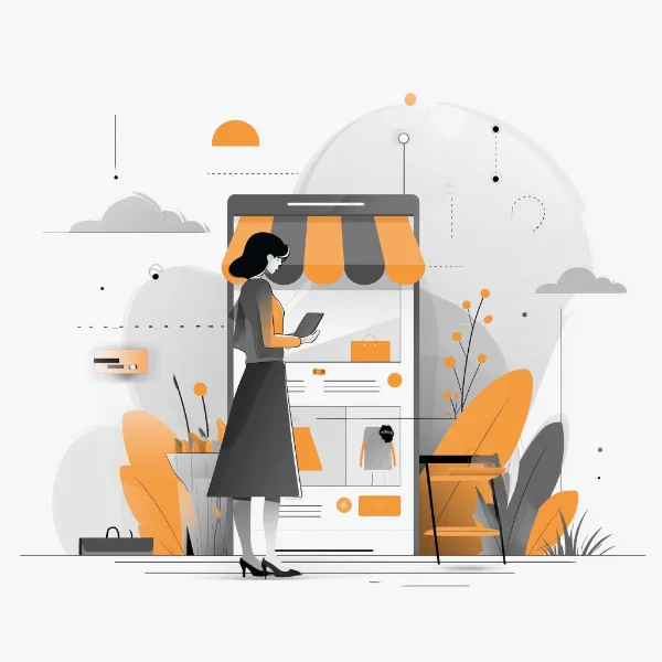 Brixis - Über uns Geheimtipp Grafik - Frau steht vor einem Onlineshop-Monitor