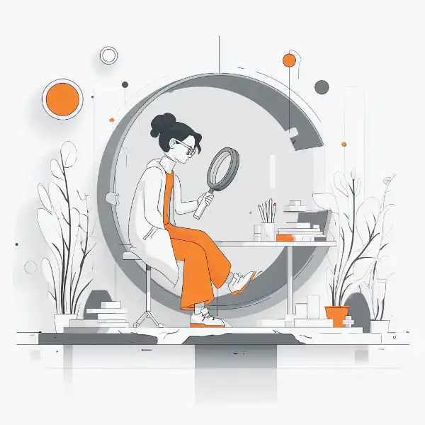 Brixis - Zustandsbeschreibung Lupe Grafik - Frau sitzt auf einem Hocker und hält eine Lupe in der Hand