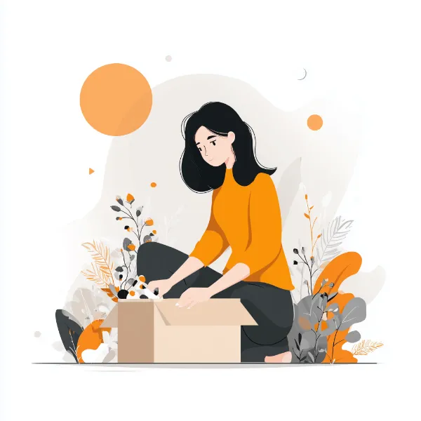 mymino - Zustandsbeschreibung Karton Grafik - Frau sitzt vor einem Karton und sortiert Dinge aus